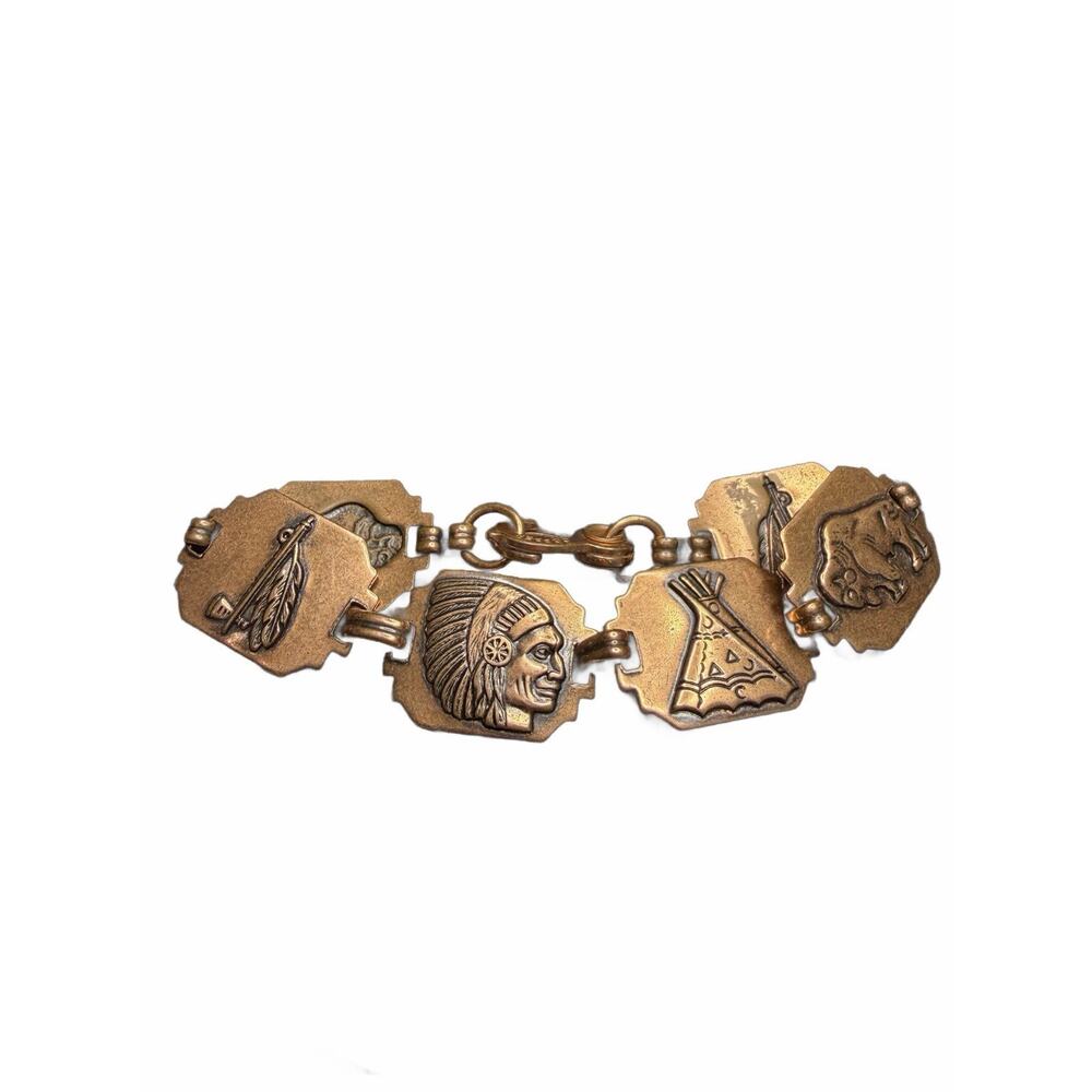 ESTATE COPPER LINK AMERICAN INDIAN CHIEF BISON FEATHER IMAGES BRACELET
